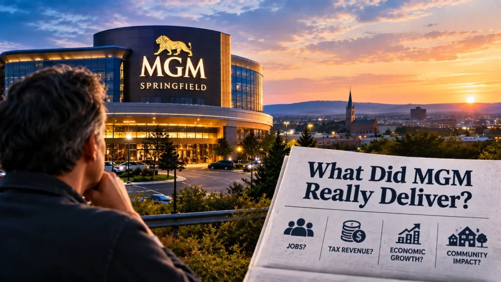 A daytime exterior shot of the MGM Springfield casino on Main Street, with nearby small storefronts in frame to underscore the neighborhood-impact angle.